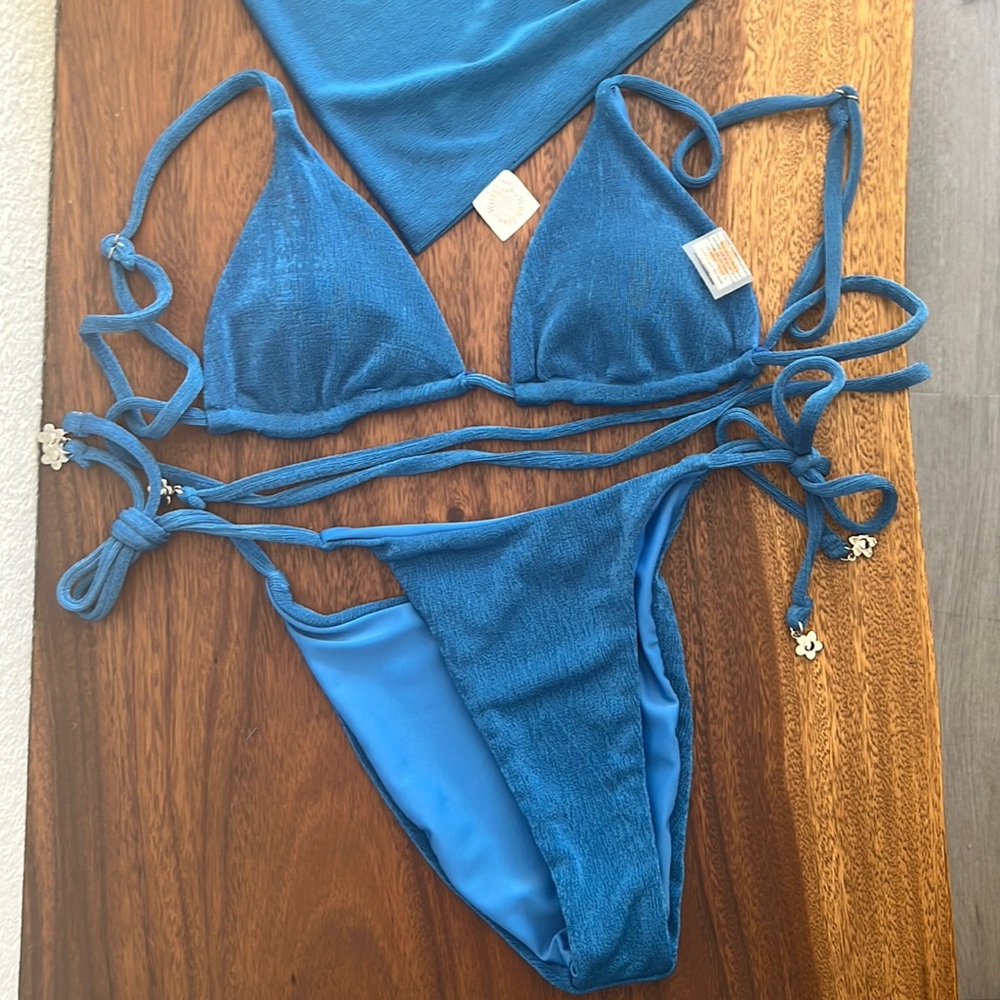 New/never worn. Blue triangle bikini from With Jean!